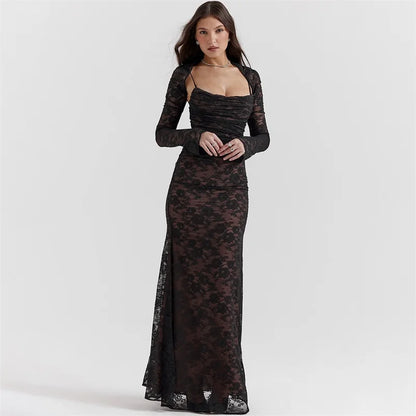 Elegant Vintage Hollow Out Lace Maxi Dress Long Sleeve Cape