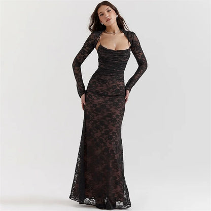 Elegant Vintage Hollow Out Lace Maxi Dress Long Sleeve Cape