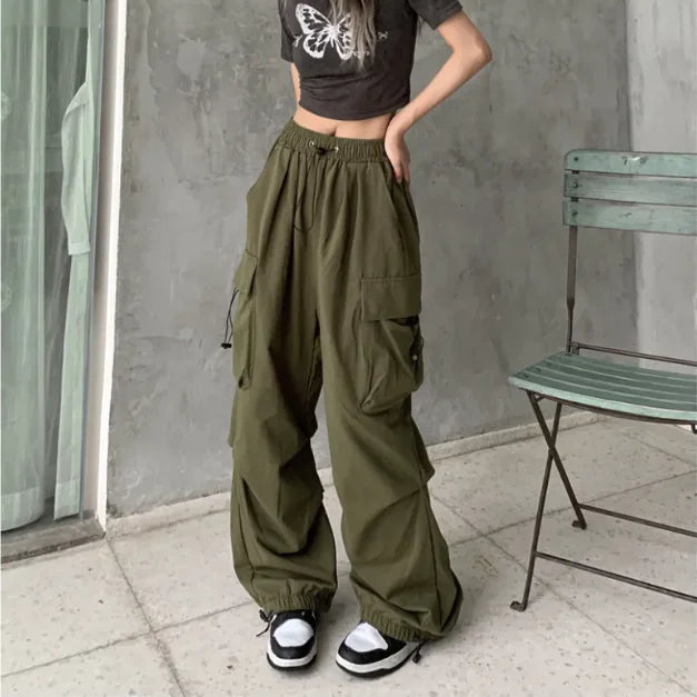 Retro Wide-Leg Casual Pants with Corset Detail and Large Pockets