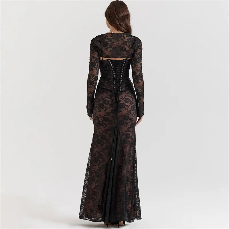 Elegant Vintage Hollow Out Lace Maxi Dress Long Sleeve Cape