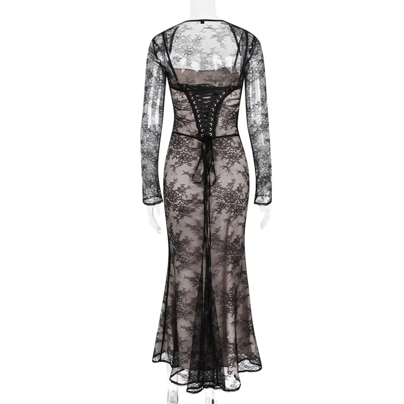 Elegant Vintage Hollow Out Lace Maxi Dress Long Sleeve Cape