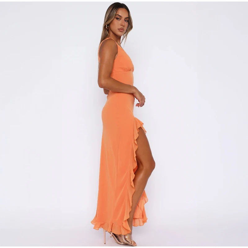 Elegant Sleeveless Ruffles Sexy Long Dress For Women Summer New Deep V-Neck Backless Thigh High Split Maxi Dress