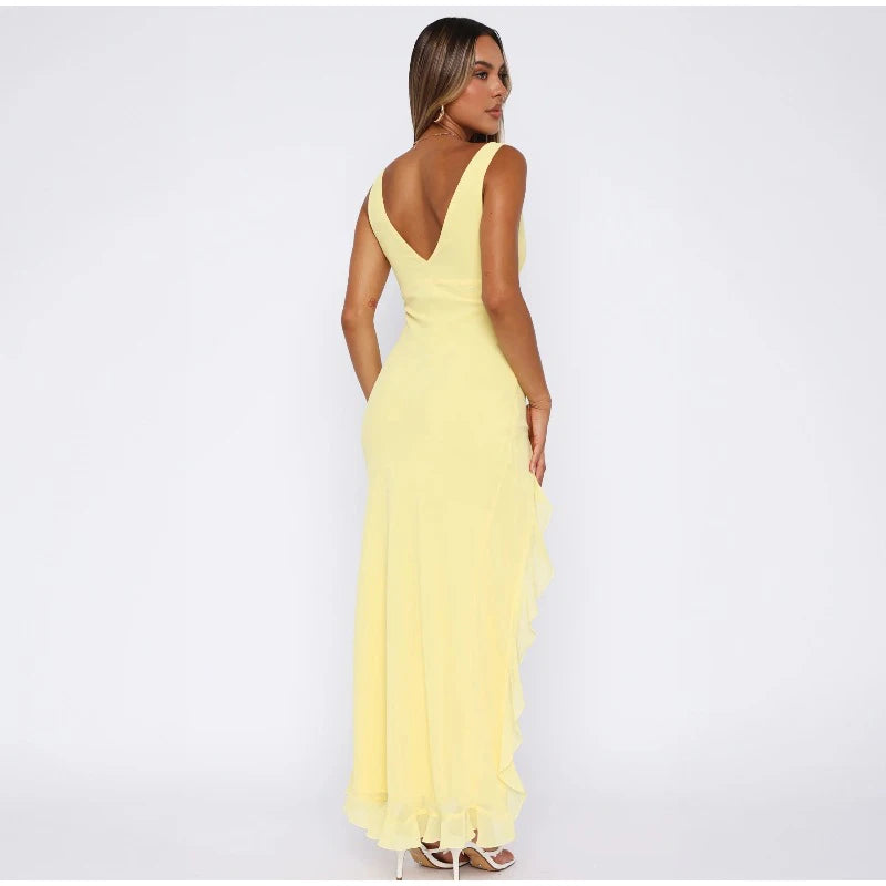 Elegant Sleeveless Ruffles Sexy Long Dress For Women Summer New Deep V-Neck Backless Thigh High Split Maxi Dress