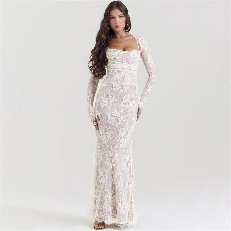 Elegant Vintage Hollow Out Lace Maxi Dress Long Sleeve Cape