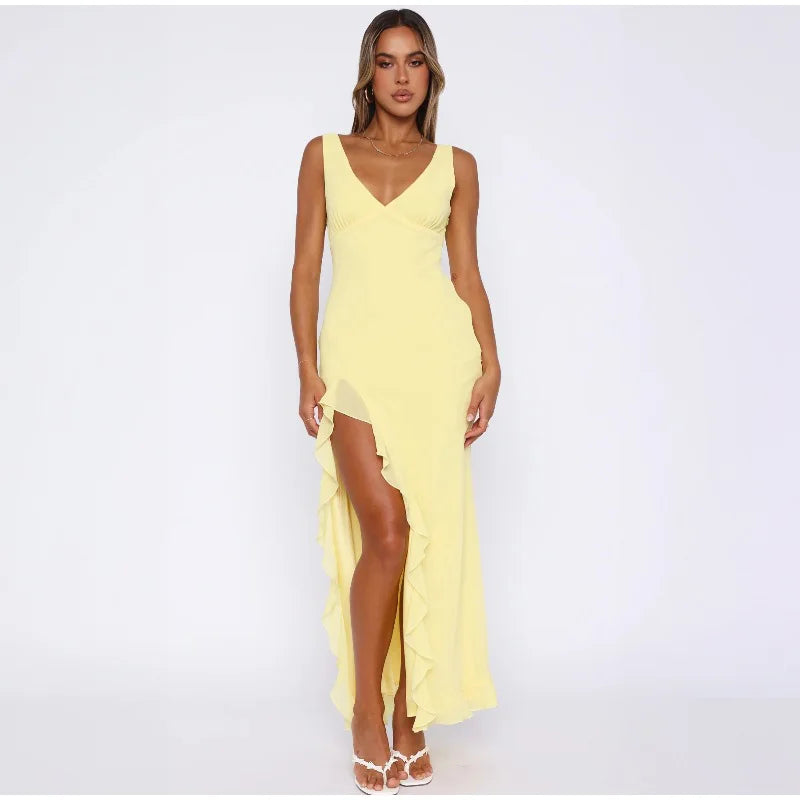 Elegant Sleeveless Ruffles Sexy Long Dress For Women Summer New Deep V-Neck Backless Thigh High Split Maxi Dress