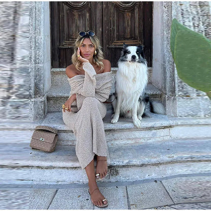 Summer Elegance: Sexy Women's Sheer Knit Maxi Dress with Long Sleeves