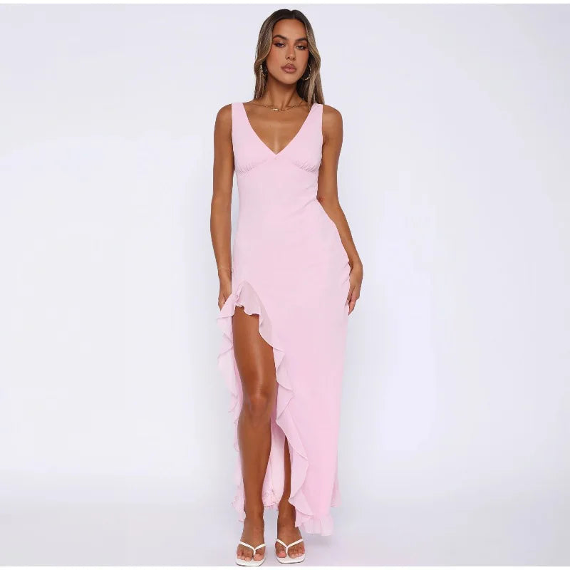 Elegant Sleeveless Ruffles Sexy Long Dress For Women Summer New Deep V-Neck Backless Thigh High Split Maxi Dress