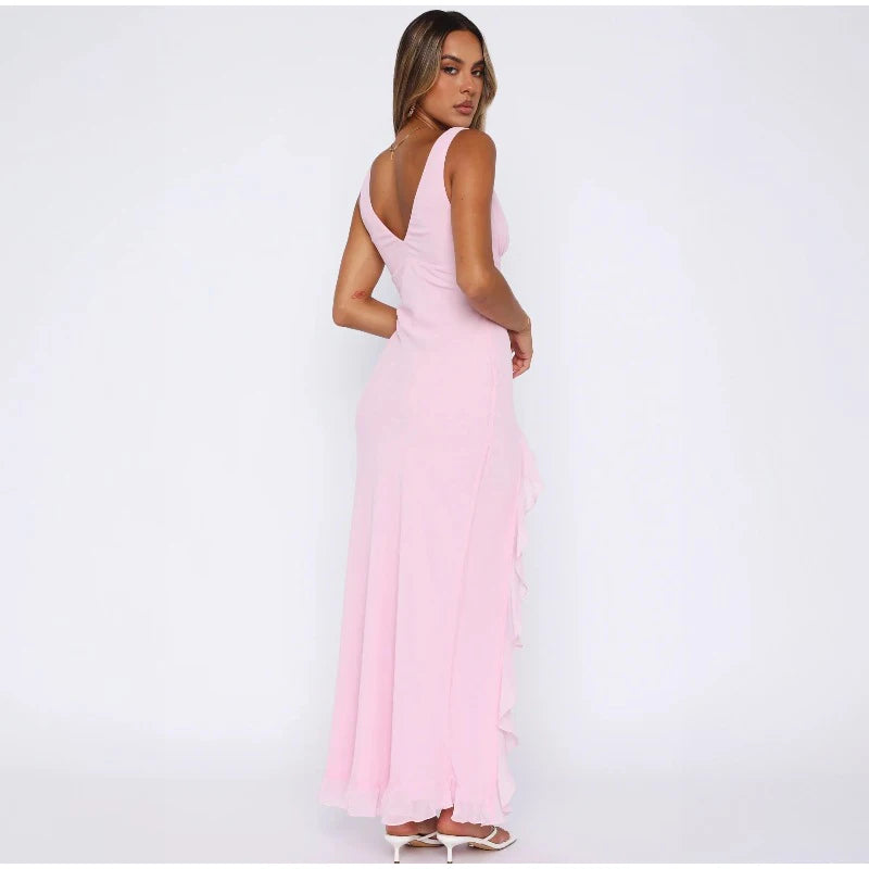 Elegant Sleeveless Ruffles Sexy Long Dress For Women Summer New Deep V-Neck Backless Thigh High Split Maxi Dress