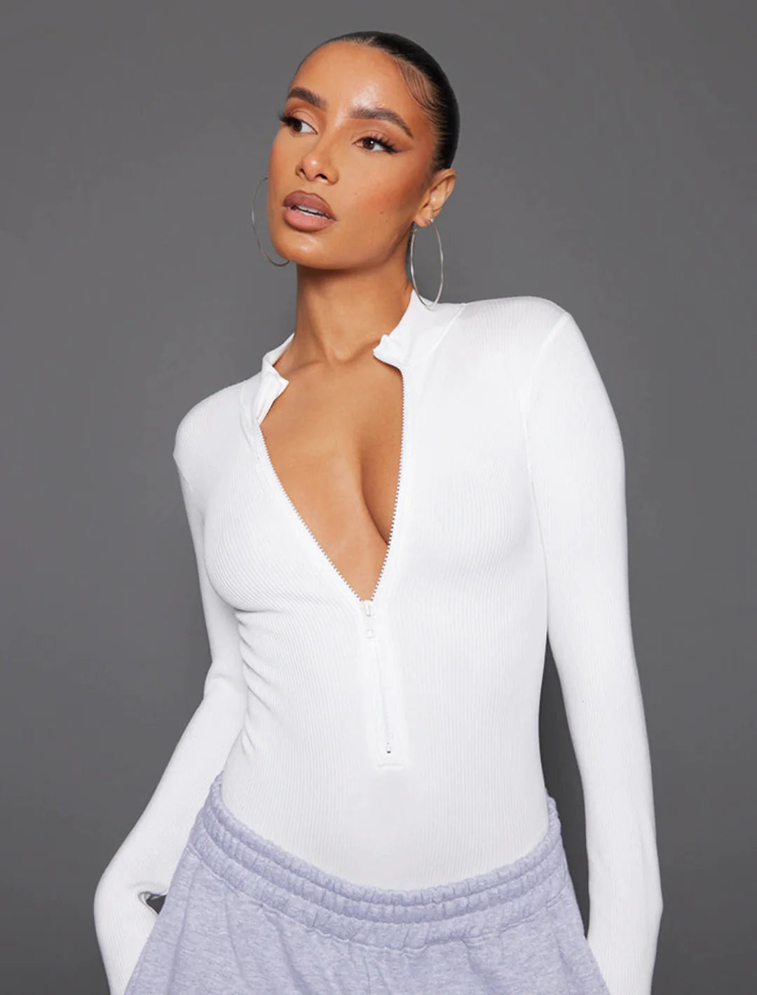 Women's Zipper Long Sleeve Bodysuit White Casual V Neck Bodycon 2023 Spring Women Sport Slim Tops Sexy Party Overall Clothes