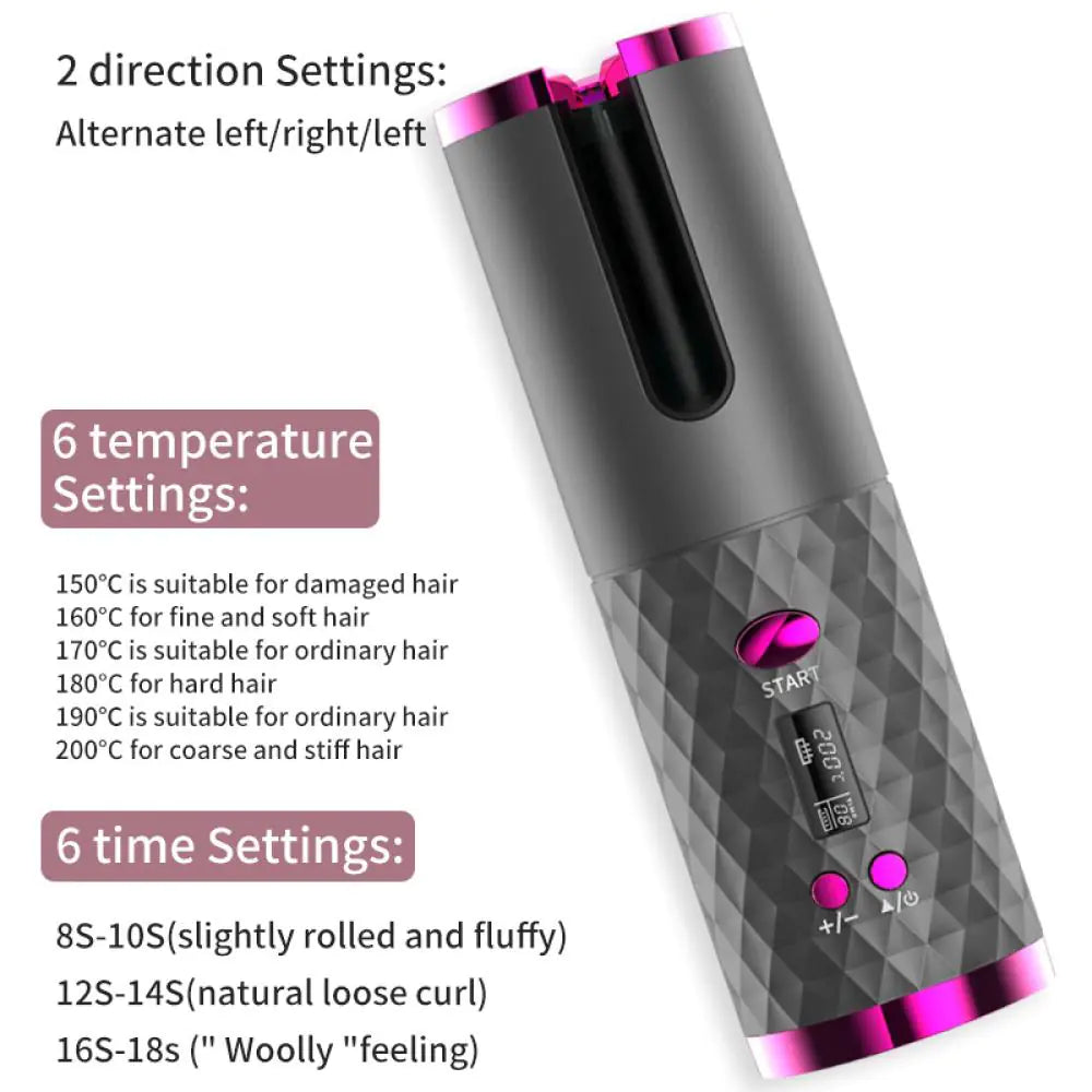 Automatic Wireless Hair Curler Cordless Rotating USB Rechargeable Curling Iron Display Temperature Adjustable Timing Hair Curler