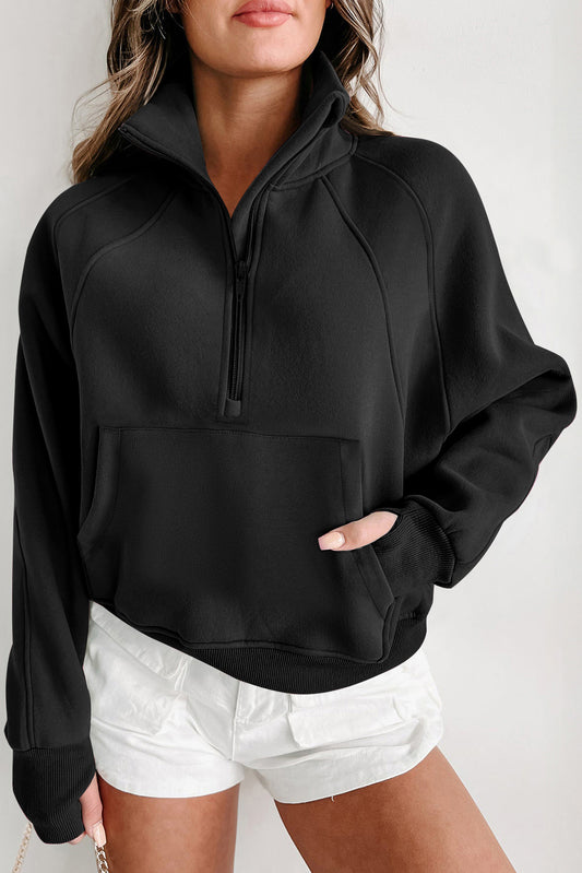 Black Fleece Lined Zip Up Stand Collar Thumbhole Sleeve Sweatshirt