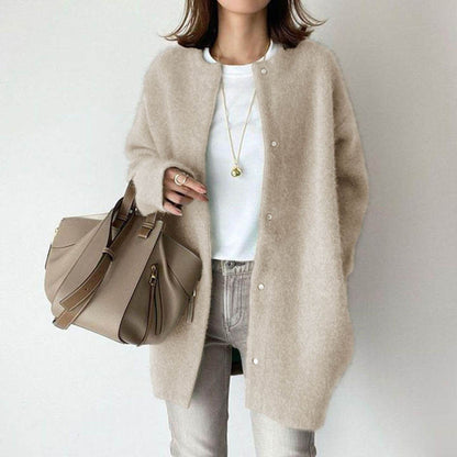 Women's Loose Round Neck Single-Breasted Cardigan – Solid Color Coat for Autumn and Winter