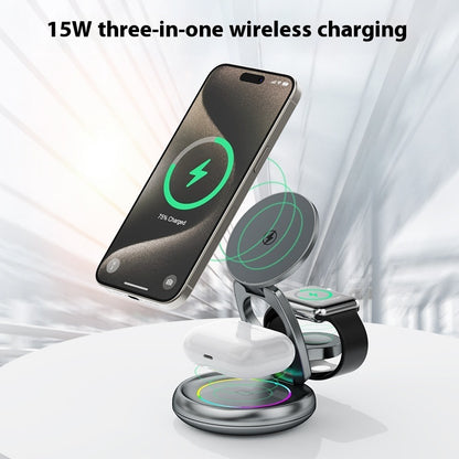 Metal 3-in-1 Wireless Rotatable Charger Bracket – Fast Wireless Charging for Phone, Smartwatch, and Earbuds