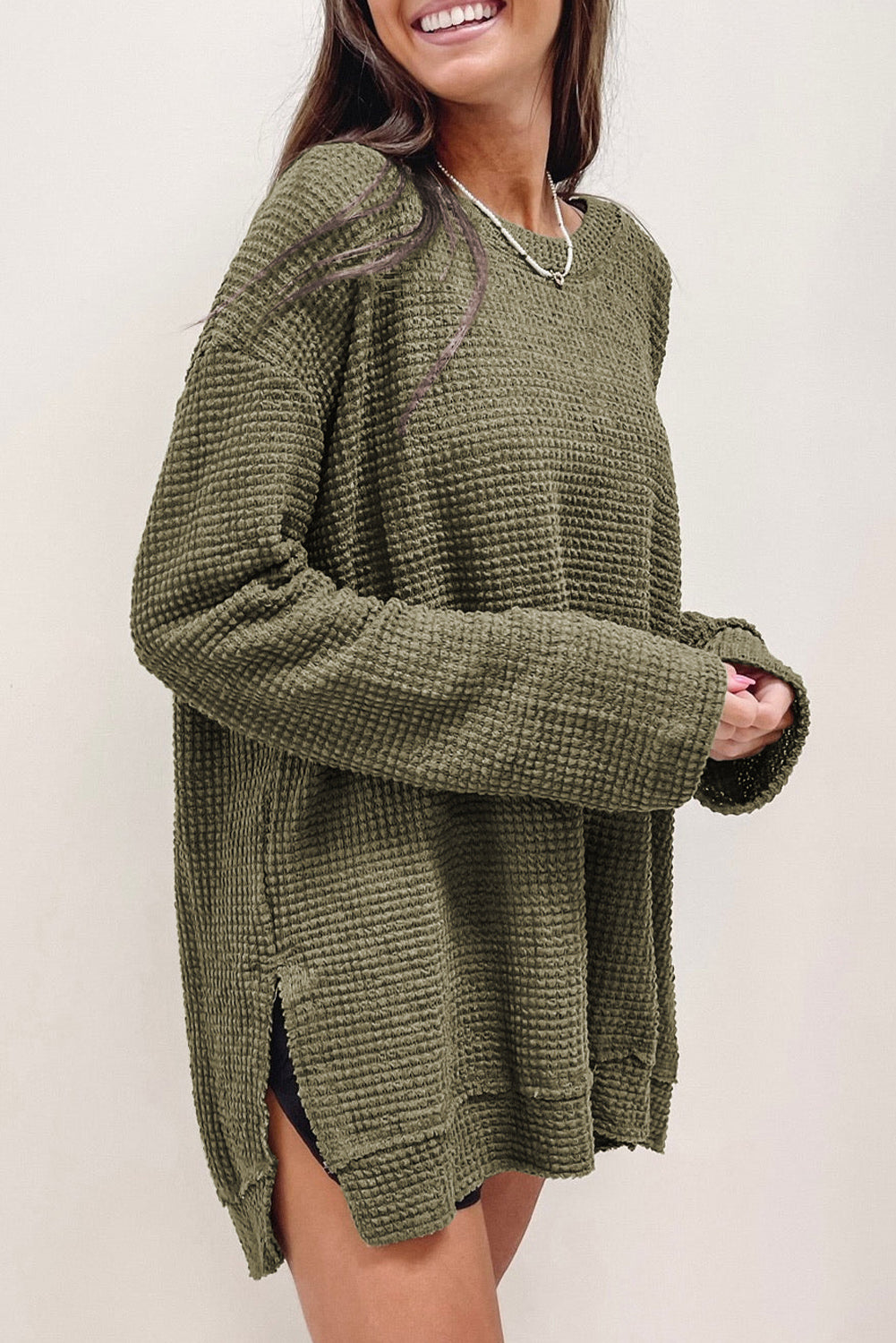 Green Waffle Knit High Slits Oversized Top