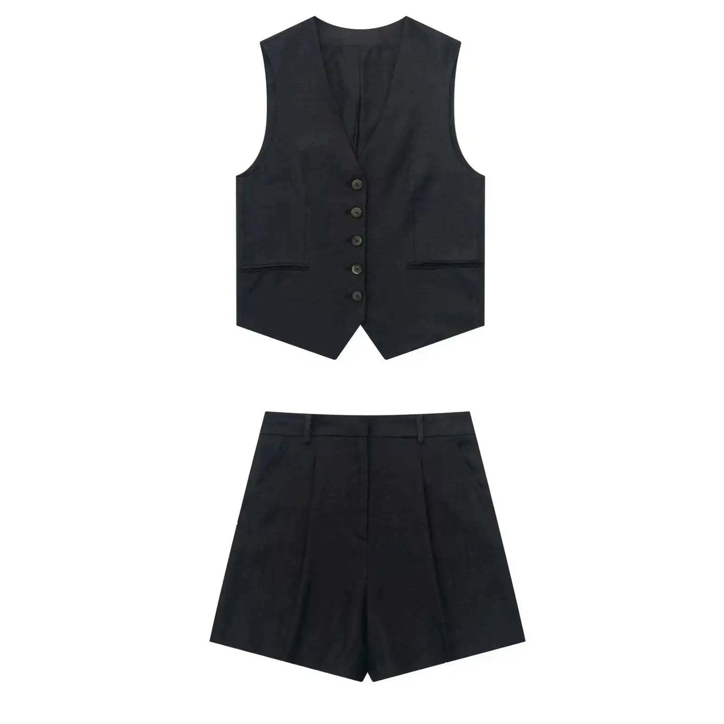 TRAF Women Elegant Solid Waistcoat Shorts Set 2024 Sleeveless Vest Top+High Waist Slim Shorts Lady Office Casual 2 Pieces Set