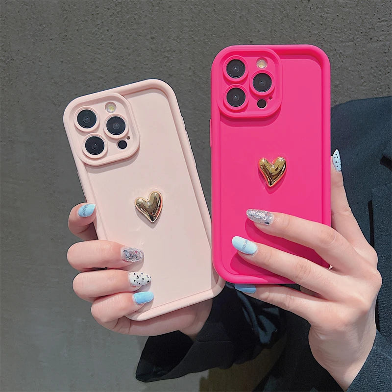 3D Gold Heart Silicone Soft Phone Case For iPhone 15 14 13 12 11 16 Pro Max XS XR 7 8 Plus SE 2020 Shockproof Candy Matte Cover