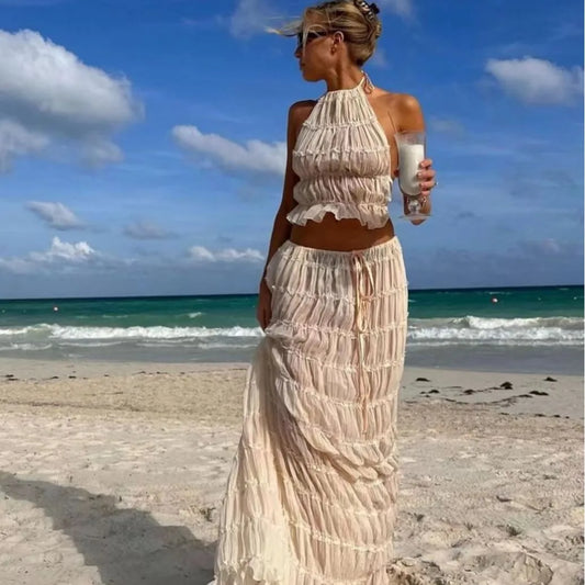 2024 Summer Women's Halter Neck 2-Piece Set – Backless Lace-Up Top and Fold Maxi Skirt | Chic Beachwear Outfit