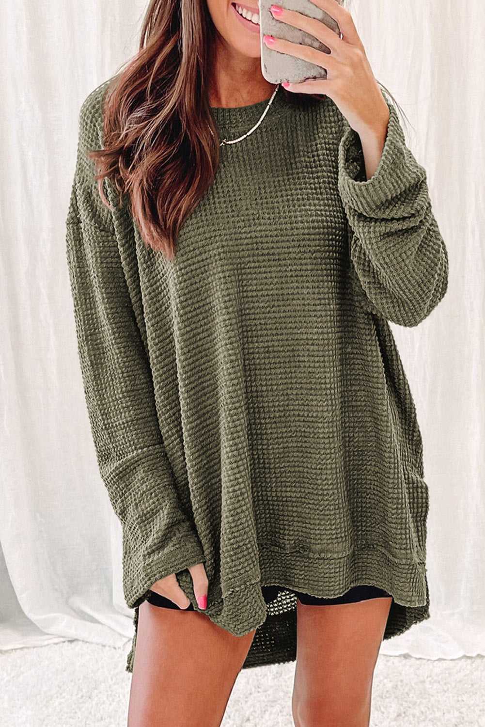 Green Waffle Knit High Slits Oversized Top