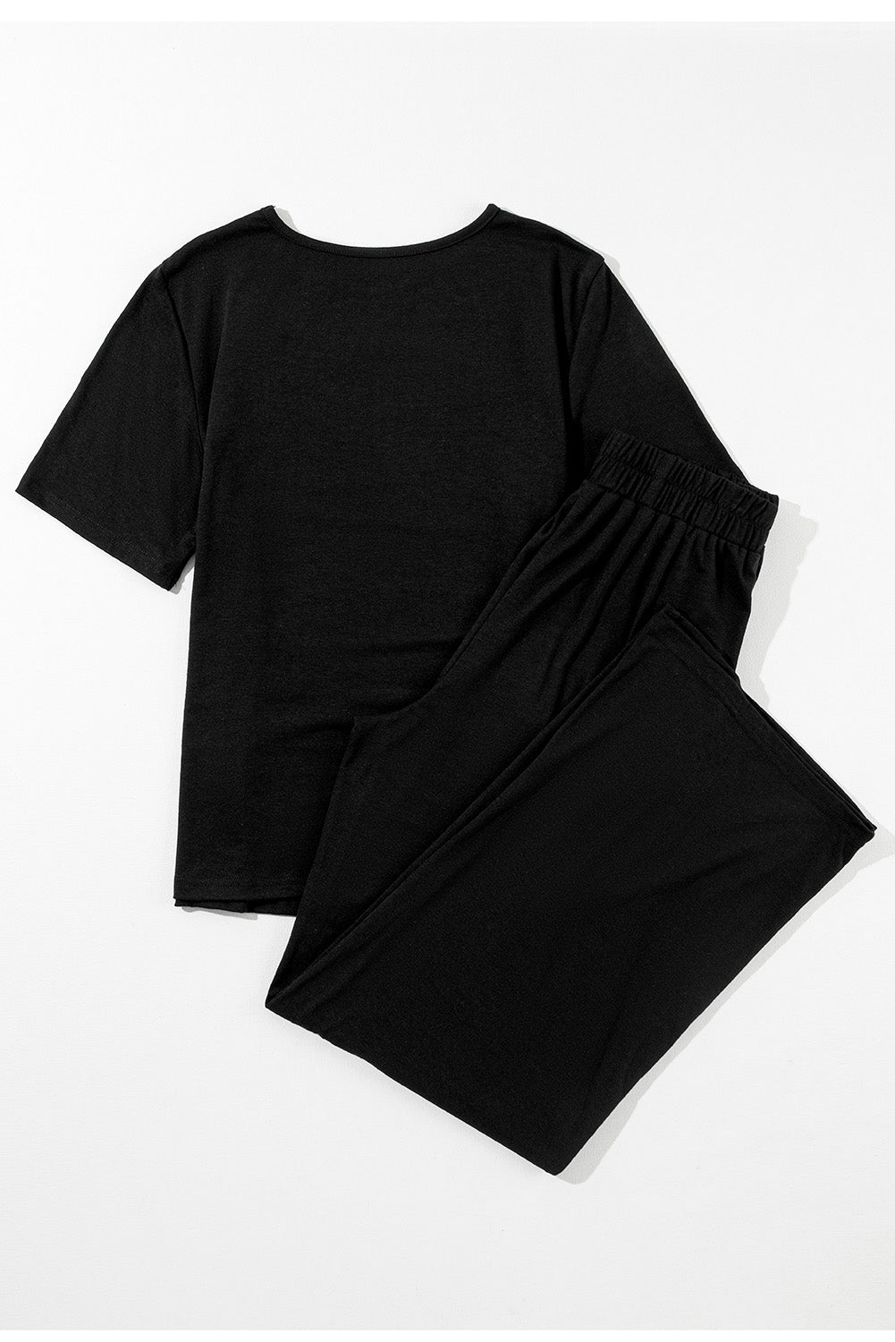 Black Solid Color T Shirt 2pcs Wide Leg Pants Set