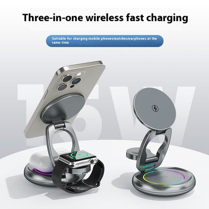 Metal 3-in-1 Wireless Rotatable Charger Bracket – Fast Wireless Charging for Phone, Smartwatch, and Earbuds