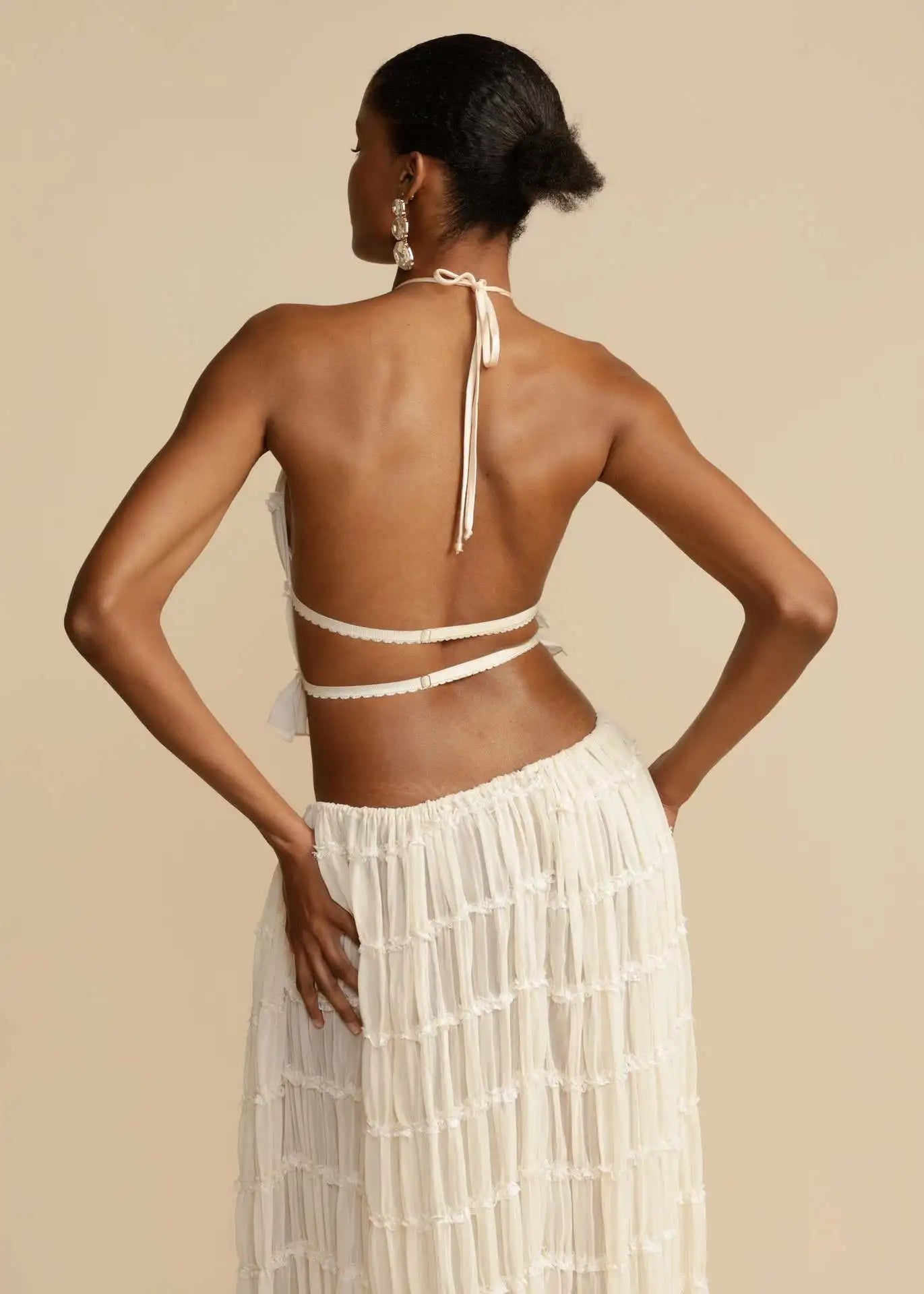 2024 Summer Women's Halter Neck 2-Piece Set – Backless Lace-Up Top and Fold Maxi Skirt | Chic Beachwear Outfit