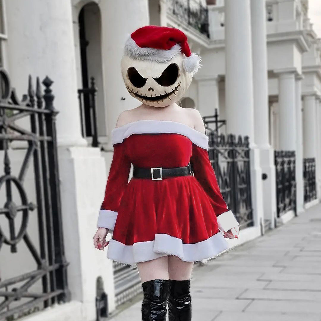 Women's Christmas Costume Santa Dress Plush Trim Boat-Neck Off-Shoulder Sleeve Dress New Year Party Cosplay Costume