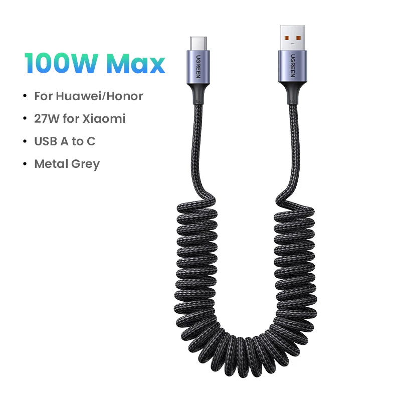 UGREEN 6A 100W USB USB Type C Cable For Huawei Honor Xiaomi 100W/66W Spring Pull Telescopic Fast Charging Car Charger USB Cable