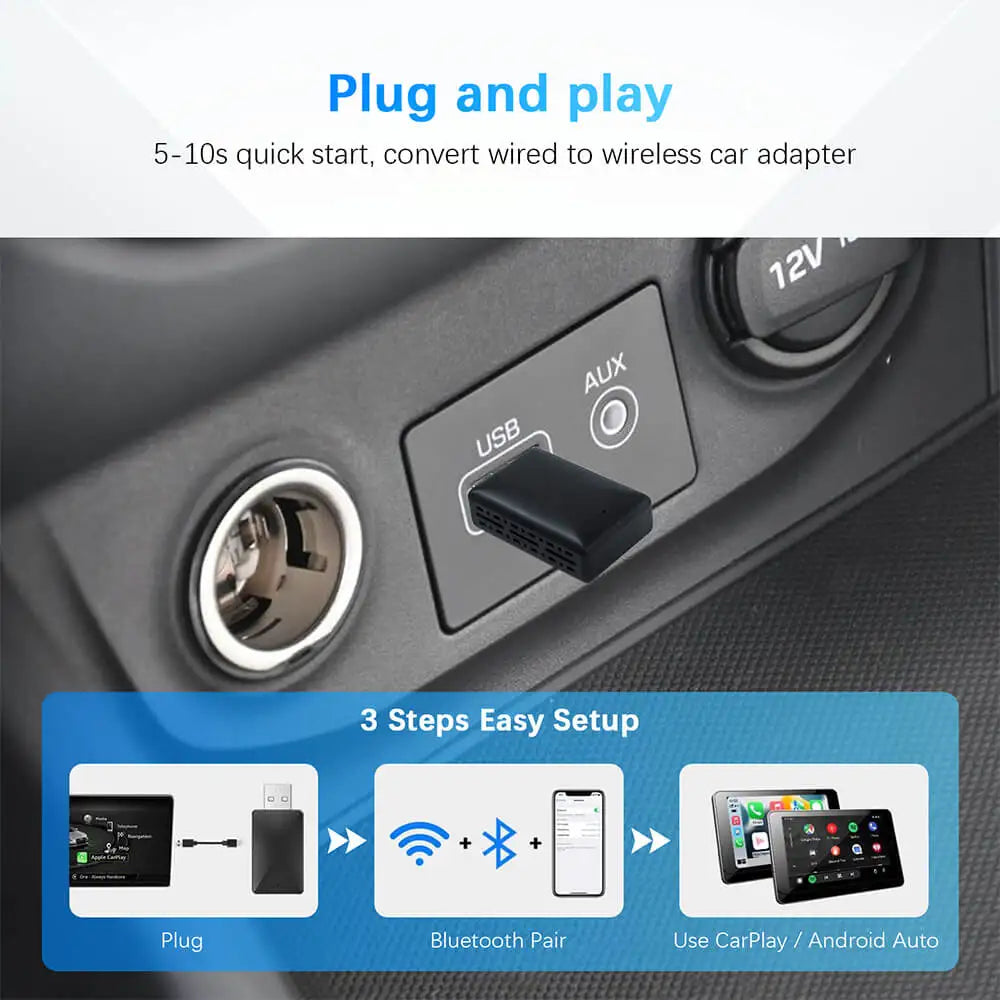 2in1 Wired to Wireless CarPlay Android Auto Adapter for OEM Car Stereo With USB Plug and Play