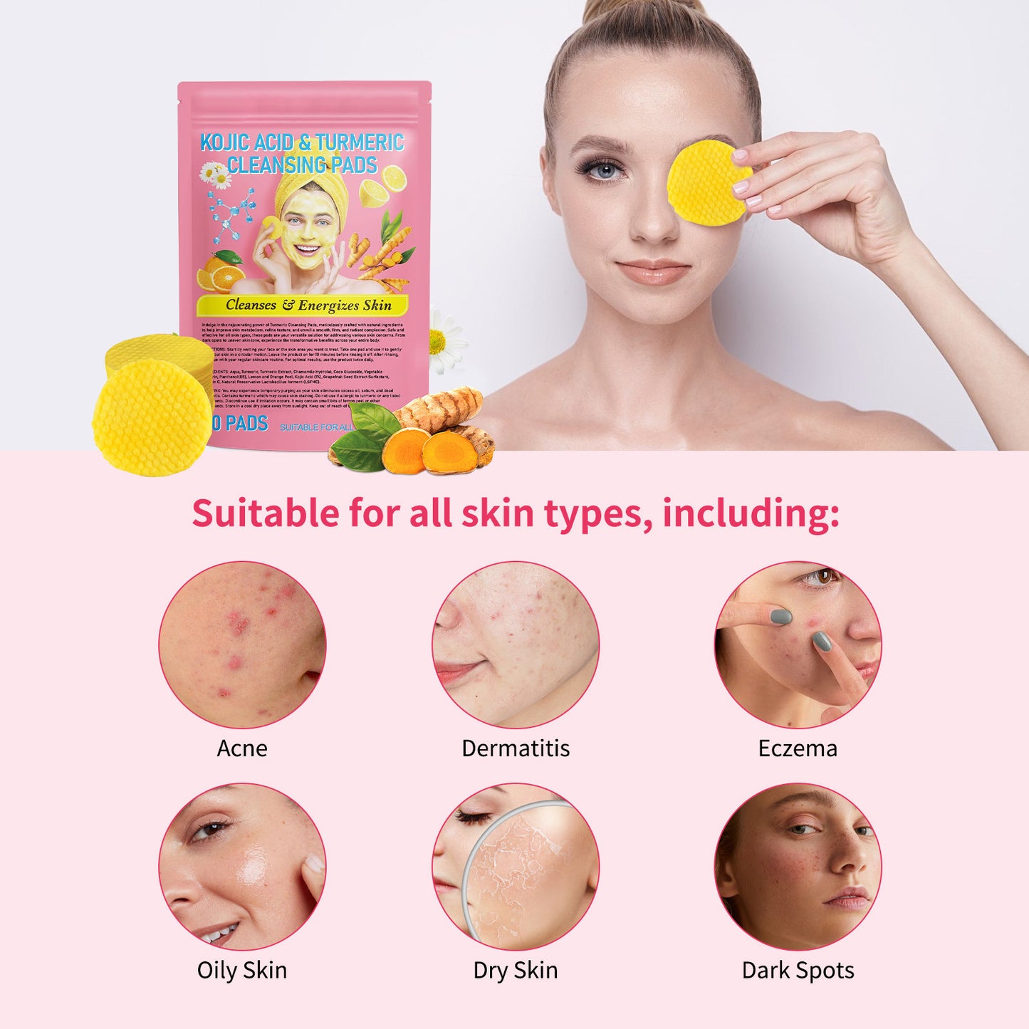 Gentle Skin Care Daily Cleaning Exfoliating Compressed Sponge Turmeric Kojic Acid Cleansing Pad