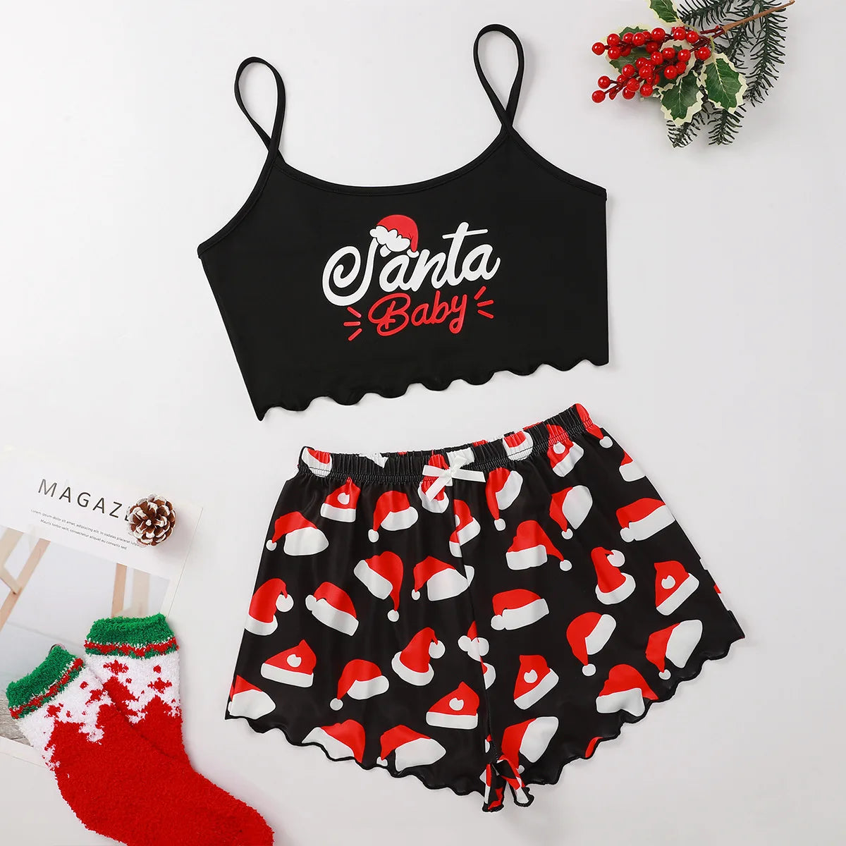 Christmas Themed Print Sleeveless Camisole Tops